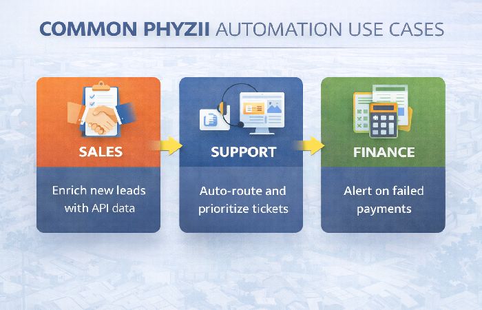 Common Phyzii automation use cases: sales, support, finance